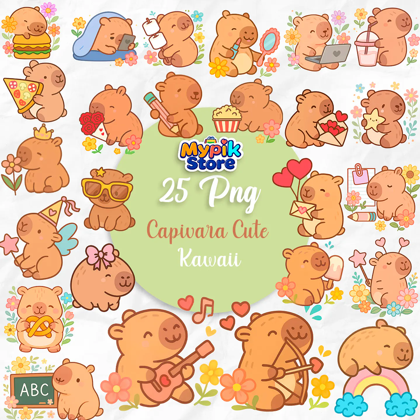 Kit Digital Capivara Cute Kawaii - 25 PNG em Alta Resolução 1