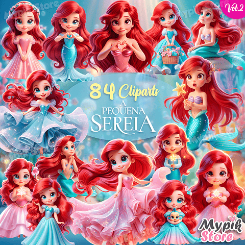 Kit Digital Cute Pequena Sereia PNG e Fundos JPG  