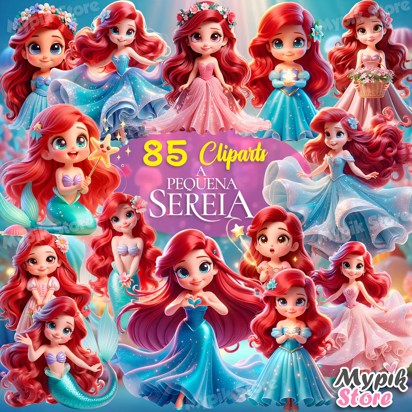 Kit digital Ariel a Pequena Sereia 85 Png e 70 Fundos  1