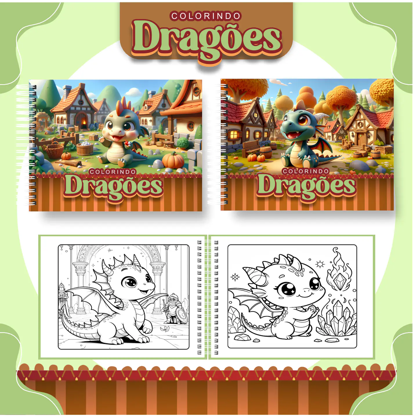 Livro de Colorir Dragões Cute PDF Digital para Imprimir 1