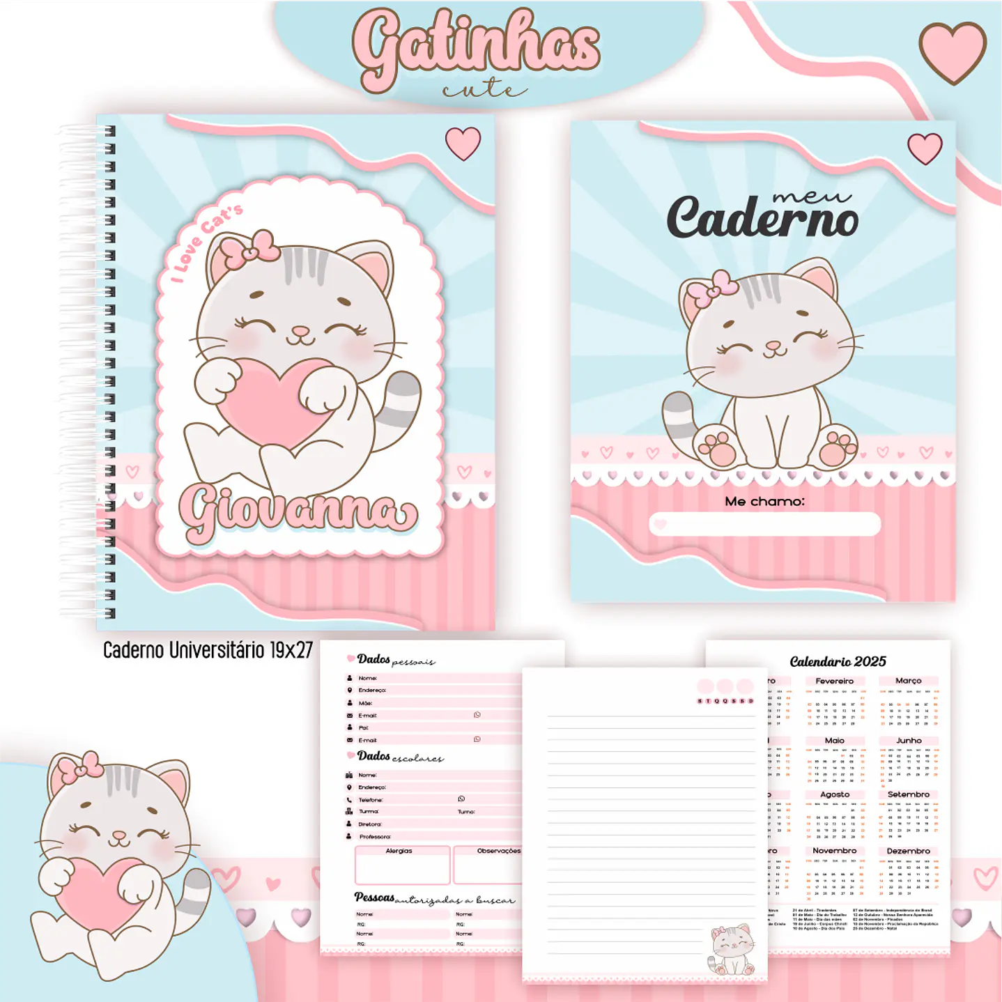 Kit Digital Encadernação Gatinhas Cute - Volta às Aulas 2