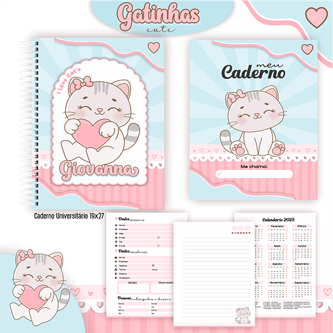 Kit Digital Encadernação Gatinhas Cute - Volta às Aulas