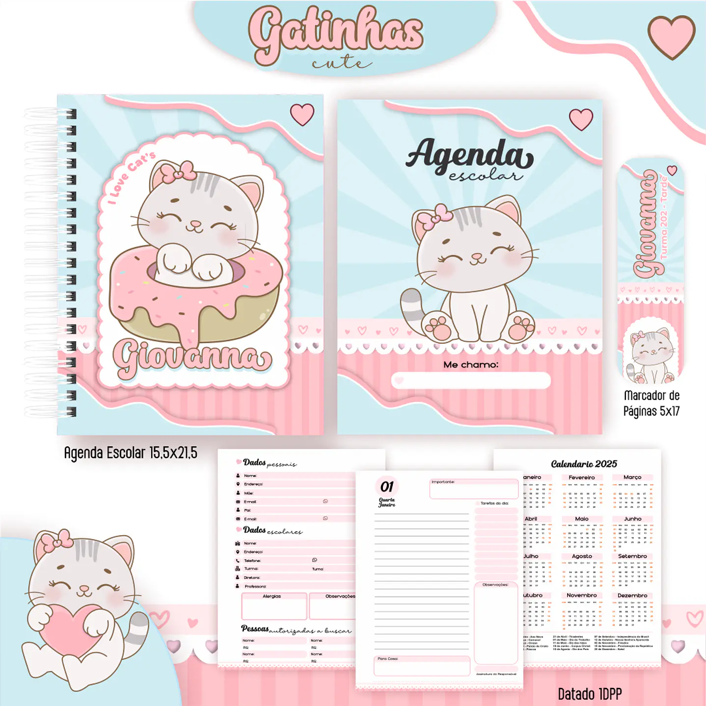 Kit Digital Encadernação Gatinhas Cute - Volta às Aulas 3
