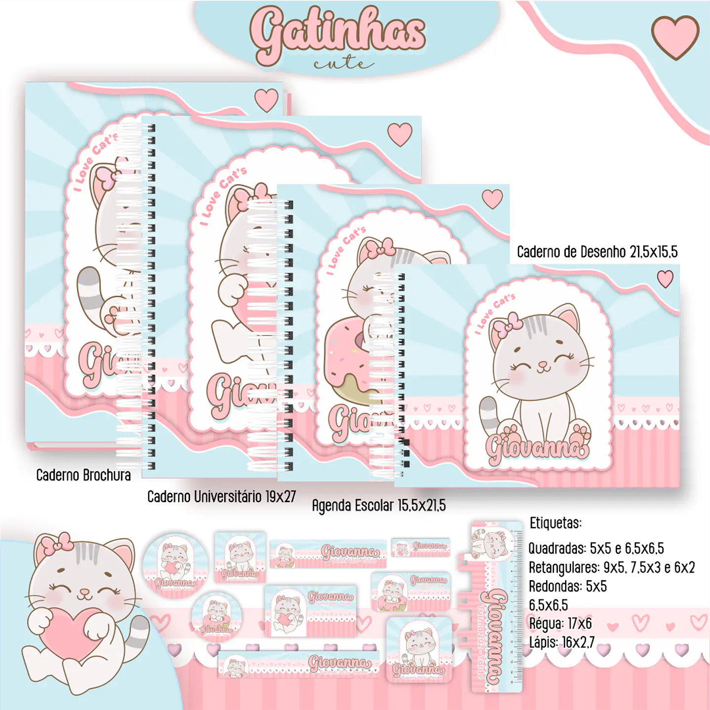Kit Digital Encadernação Gatinhas Cute - Volta às Aulas 1