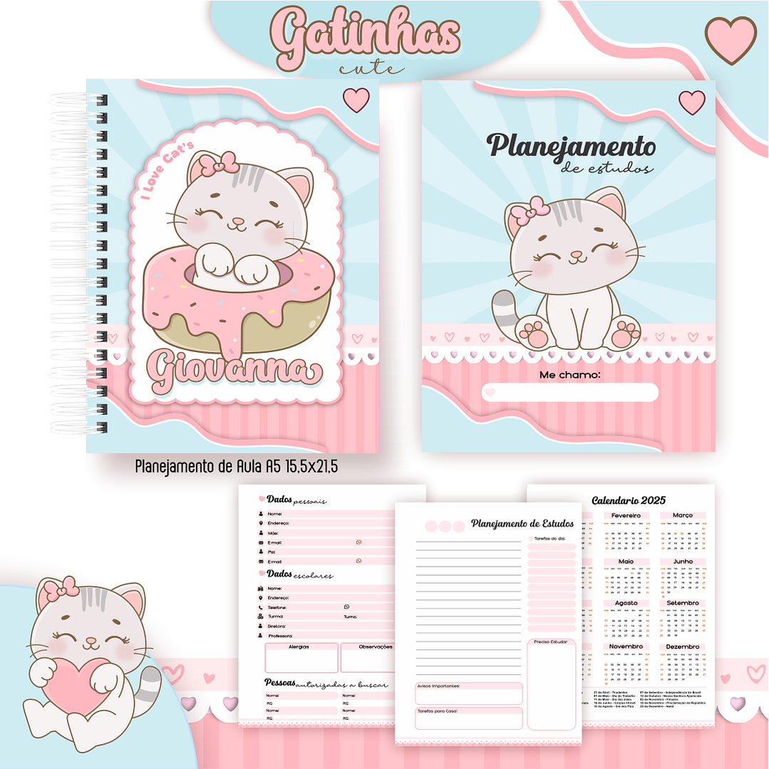 Kit Digital Encadernação Gatinhas Cute - Volta às Aulas 4