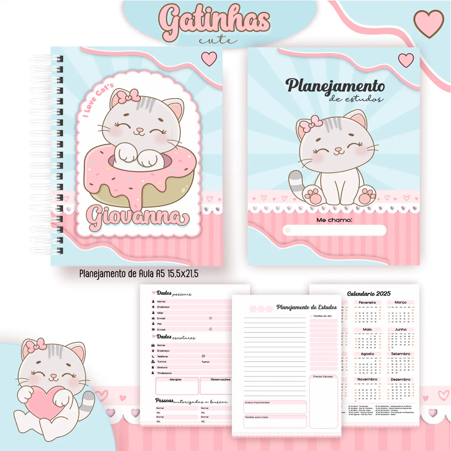 Kit Digital Encadernação Gatinhas Cute - Volta às Aulas 4
