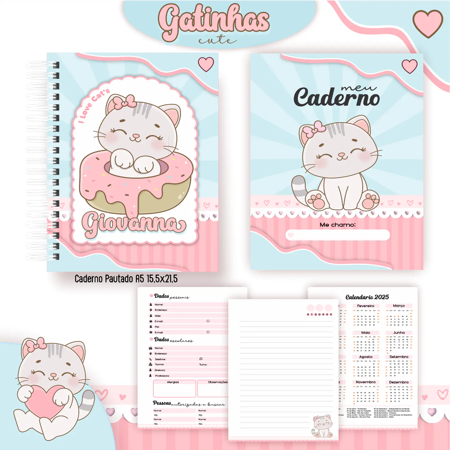 Kit Digital Encadernação Gatinhas Cute - Volta às Aulas 5