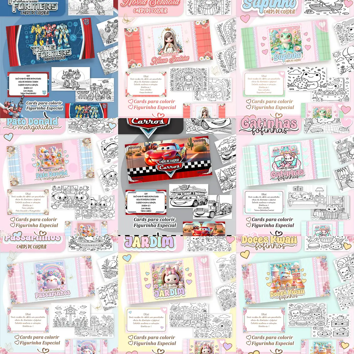 Pack Kit Digital de Cards para Colorir - 100 Temas Infantis  3