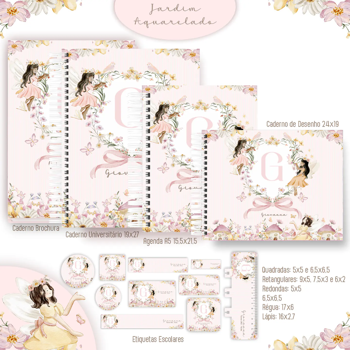 Kit Digital Encadernação Jardim Aquarela - Volta às Aulas 5