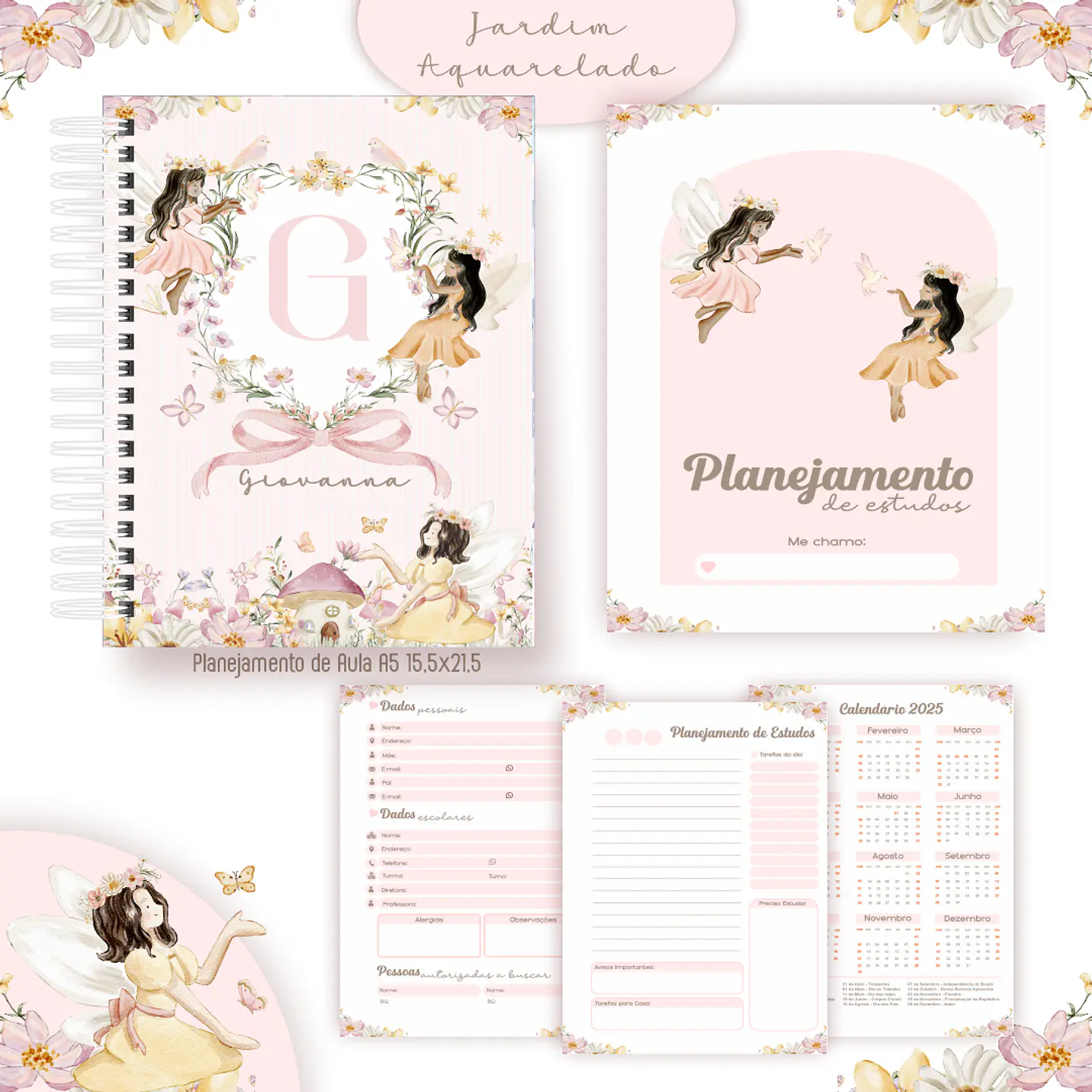Kit Digital Encadernação Jardim Aquarela - Volta às Aulas 6