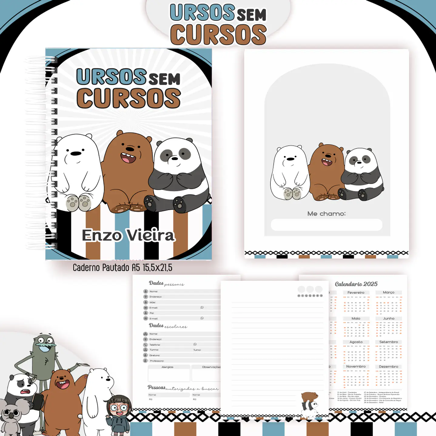Kit Digital Encadernação Ursos sem Curso - Volta às Aulas 2
