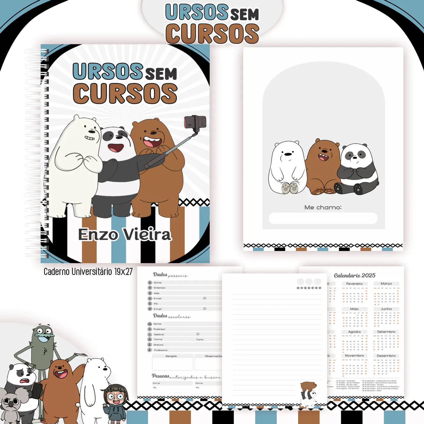 Kit Digital Encadernação Ursos sem Curso - Volta às Aulas 3