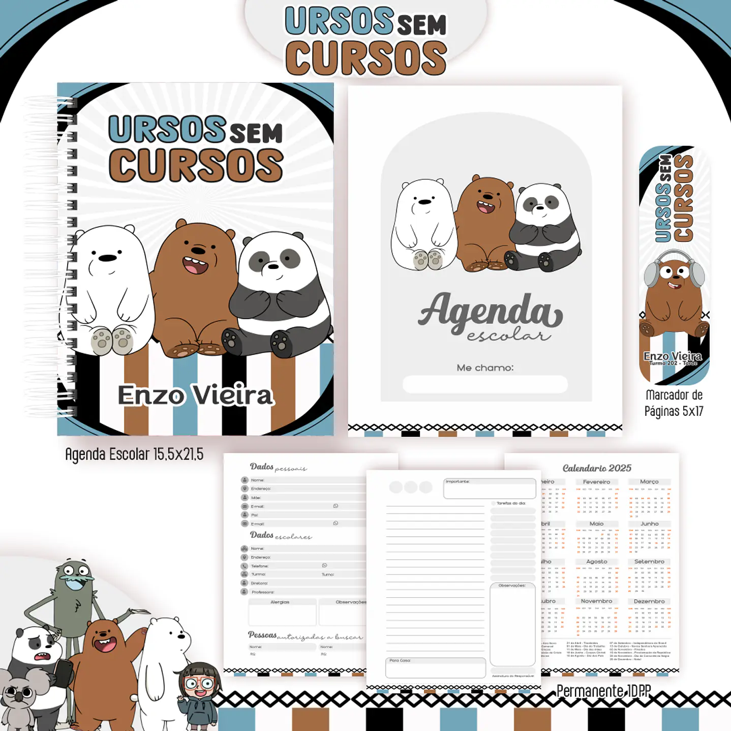 Kit Digital Encadernação Ursos sem Curso - Volta às Aulas 4