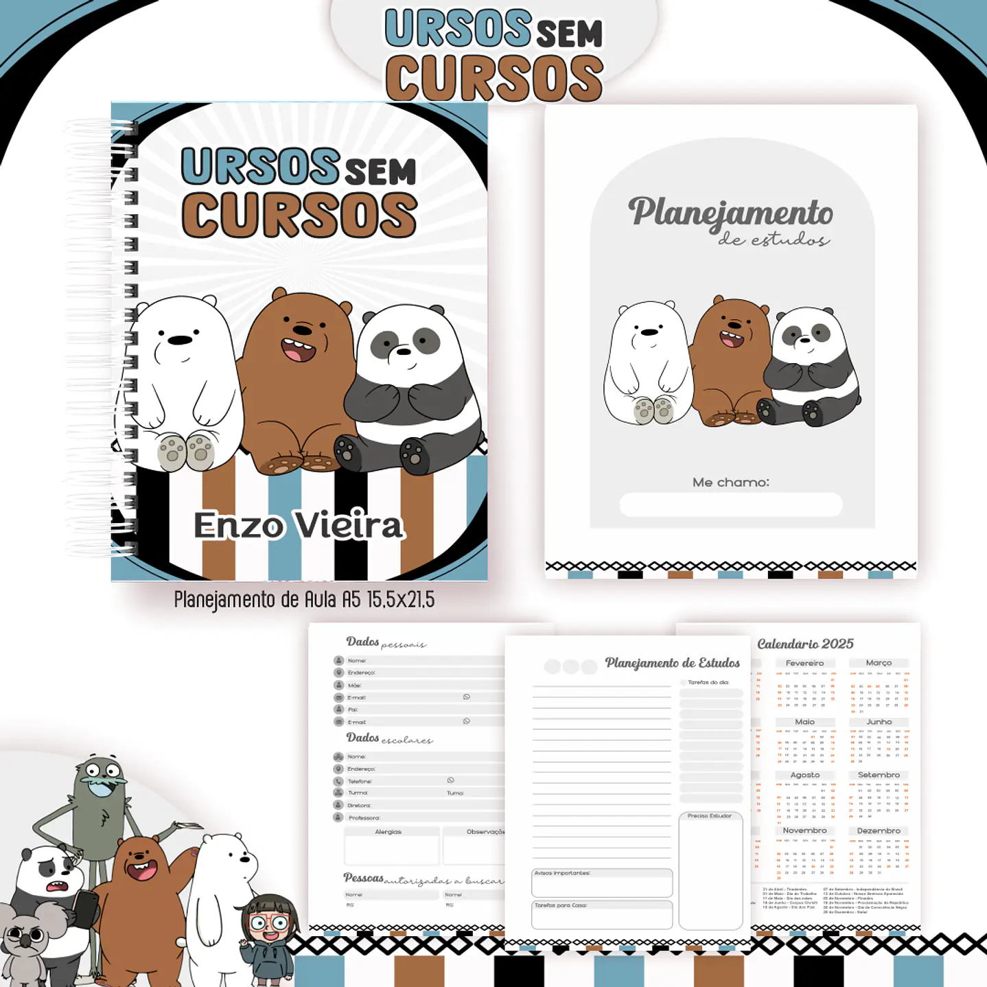 Kit Digital Encadernação Ursos sem Curso - Volta às Aulas 5