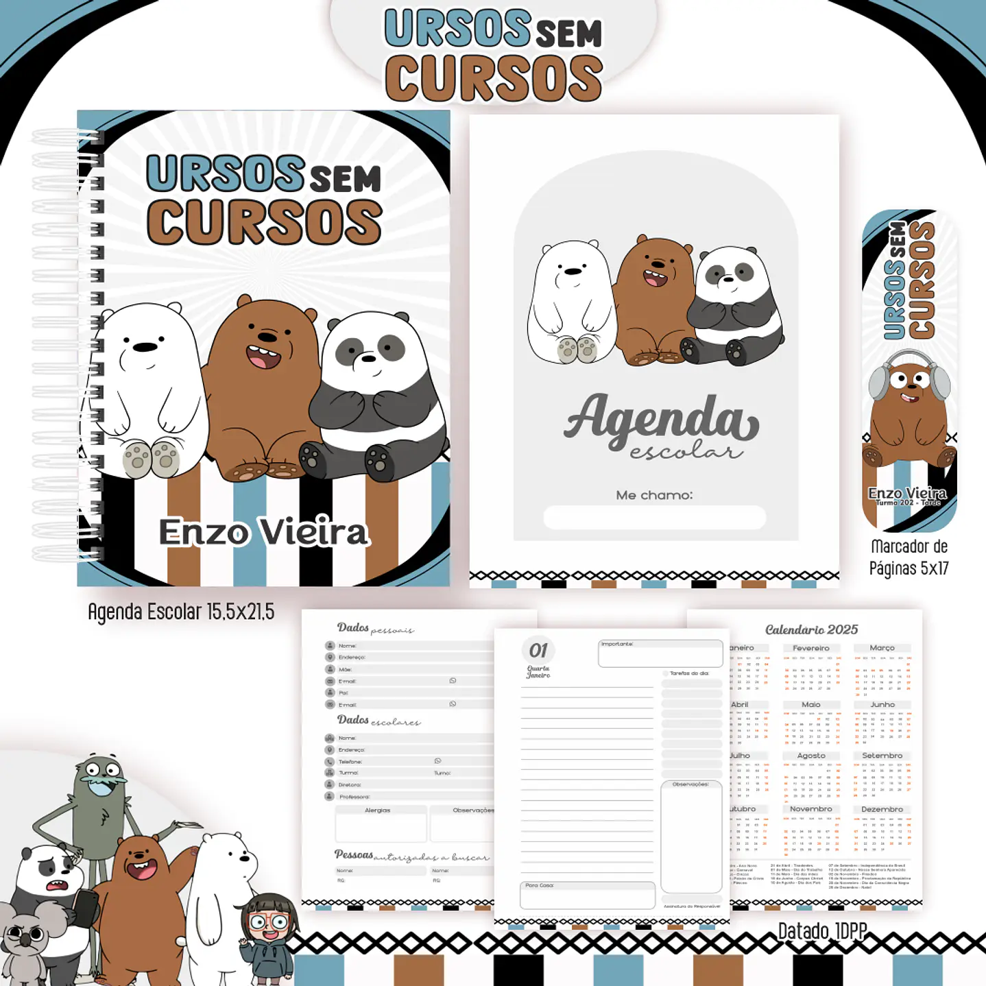 Kit Digital Encadernação Ursos sem Curso - Volta às Aulas 7