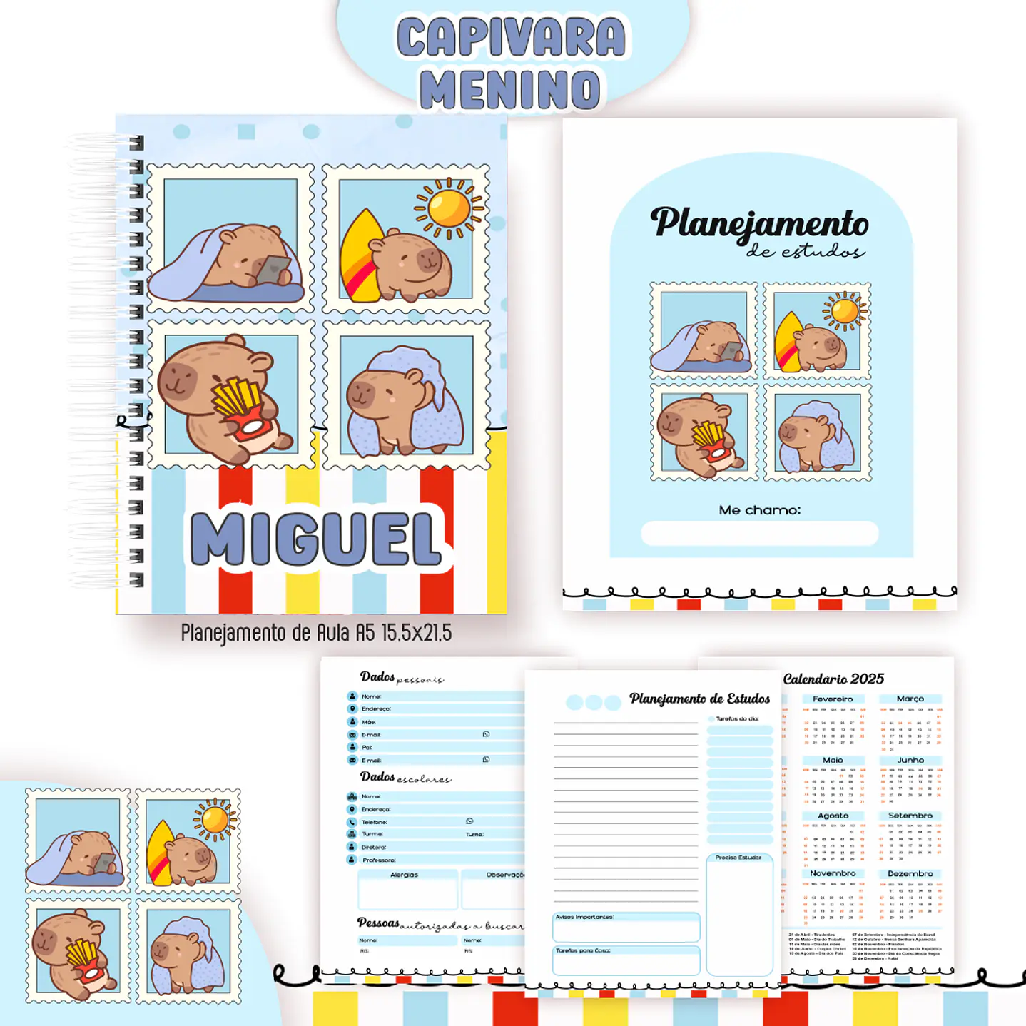 Kit Digital Encadernação Capivara Menino - Volta às Aulas 6