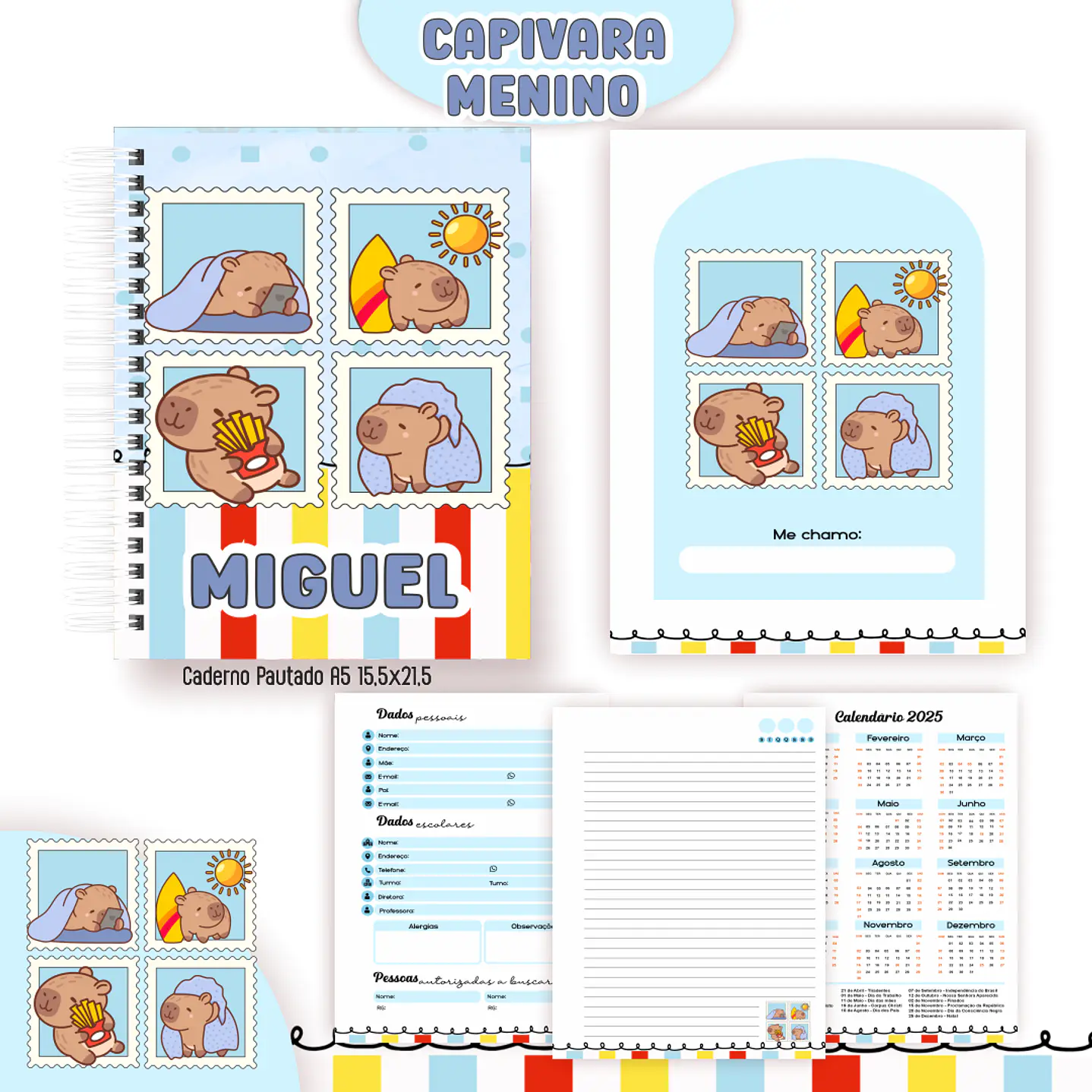Kit Digital Encadernação Capivara Menino - Volta às Aulas 7
