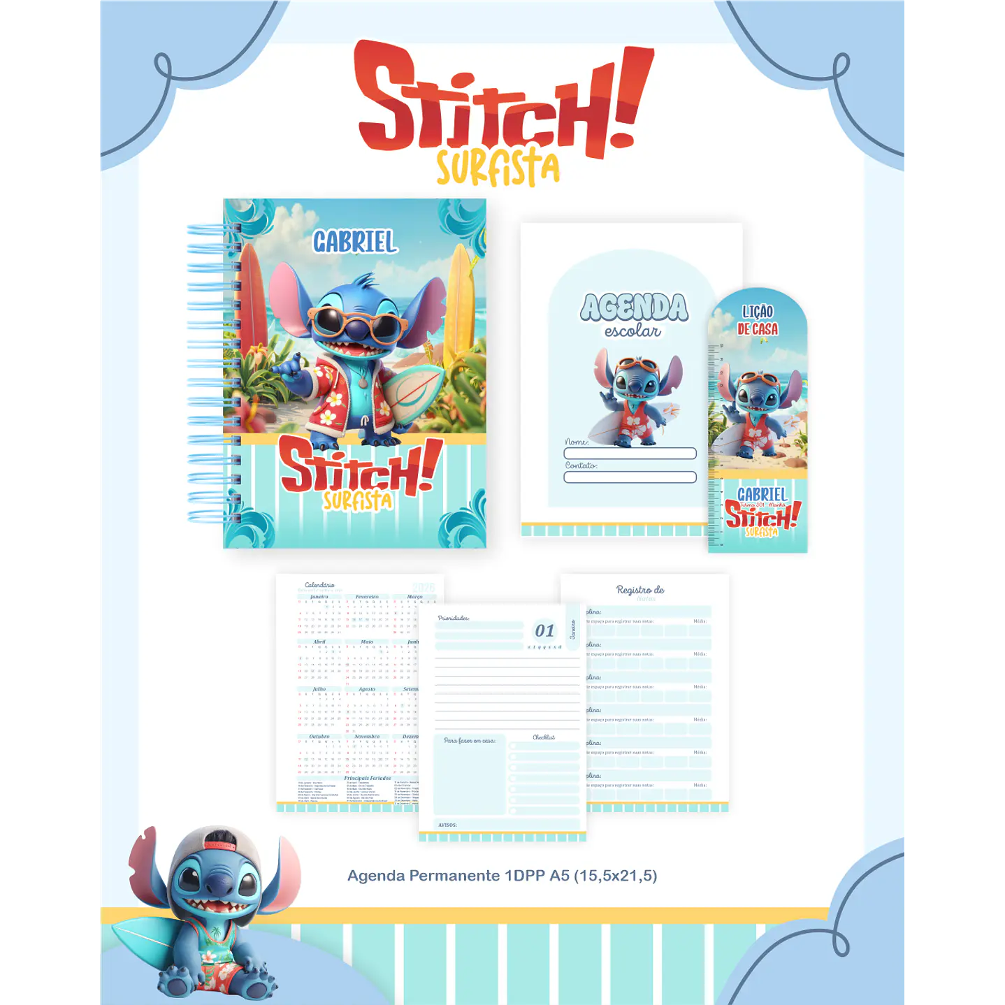 Kit Digital Encadernação Stitch Surfista - Volta ás Aulas  2
