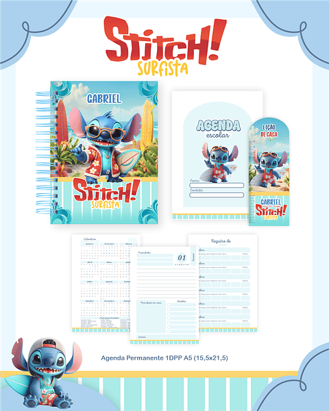 Kit Digital Encadernação Stitch Surfista - Volta ás Aulas 