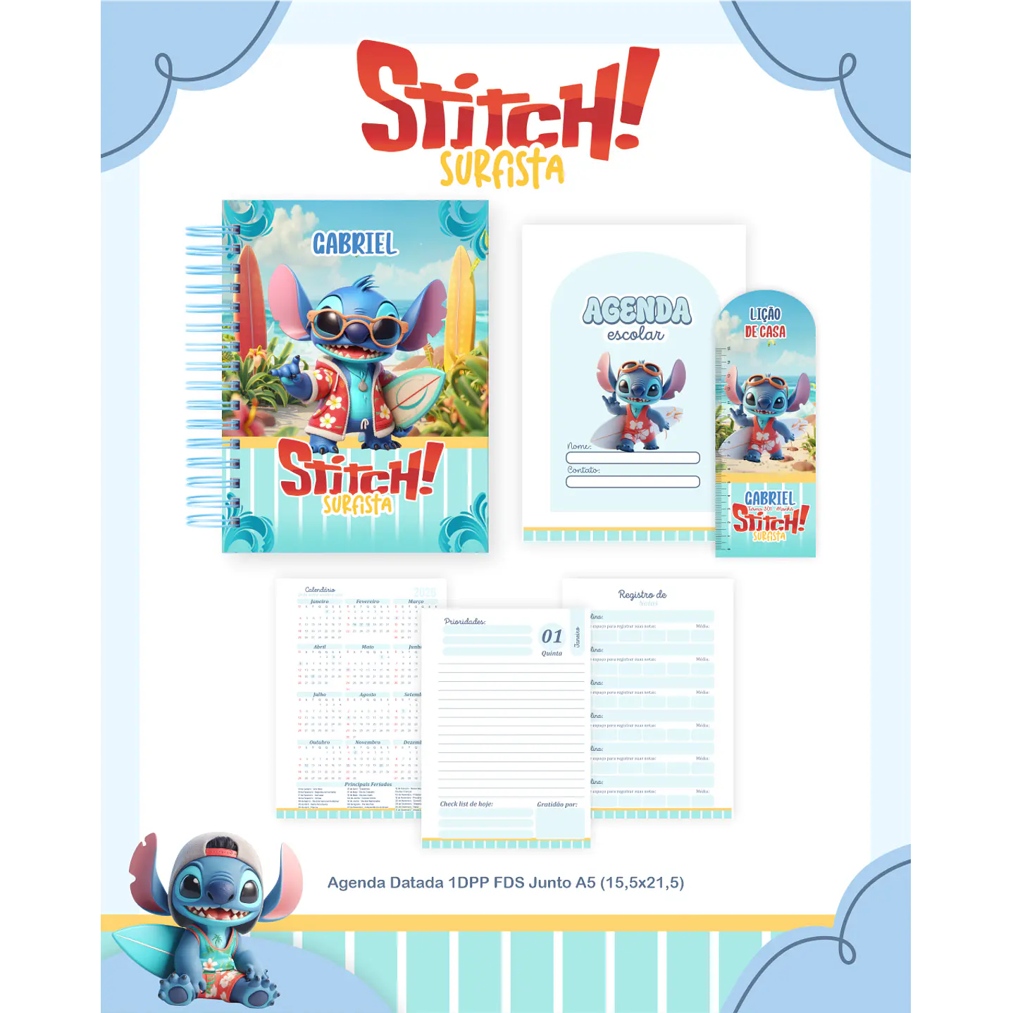Kit Digital Encadernação Stitch Surfista - Volta ás Aulas  3