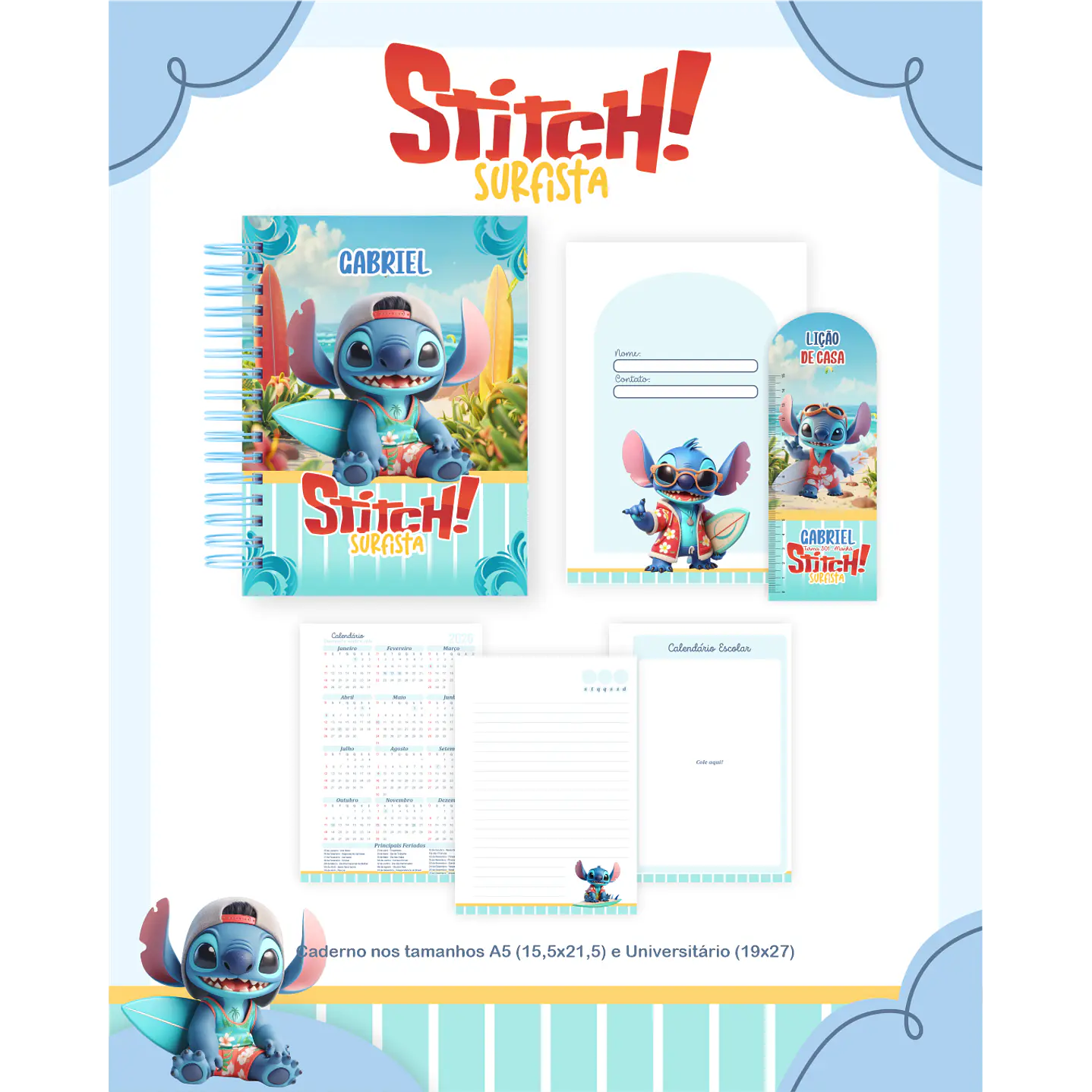 Kit Digital Encadernação Stitch Surfista - Volta ás Aulas  4