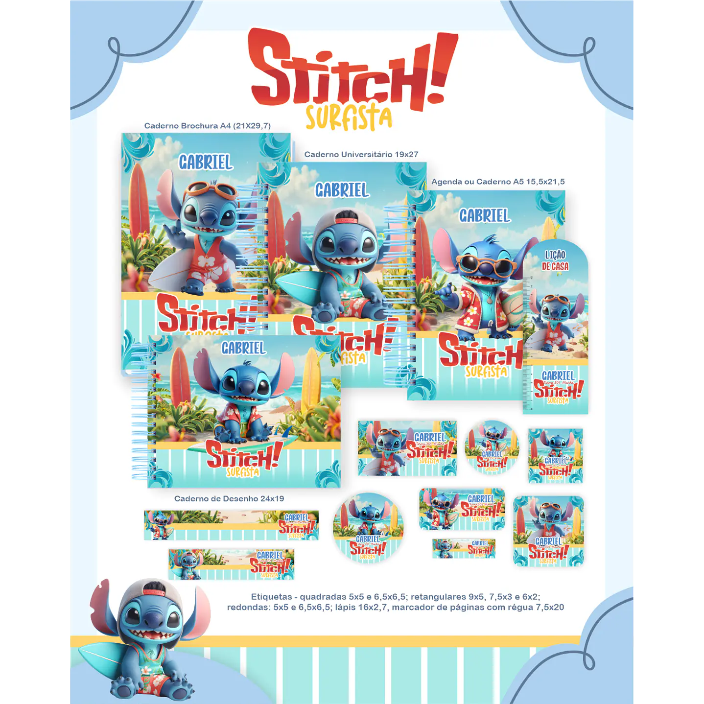 Kit Digital Encadernação Stitch Surfista - Volta ás Aulas  1