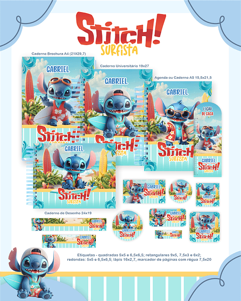 Kit Digital Encadernação Stitch Surfista - Volta ás Aulas 