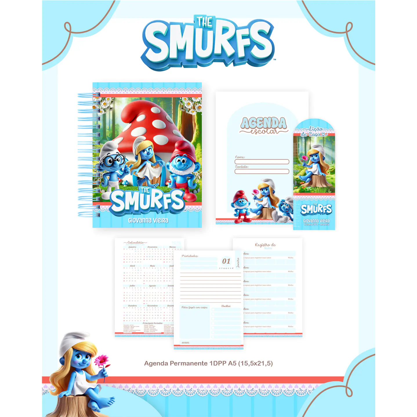 Kit Digital Encadernação Smurfs - Volta às aulas 4