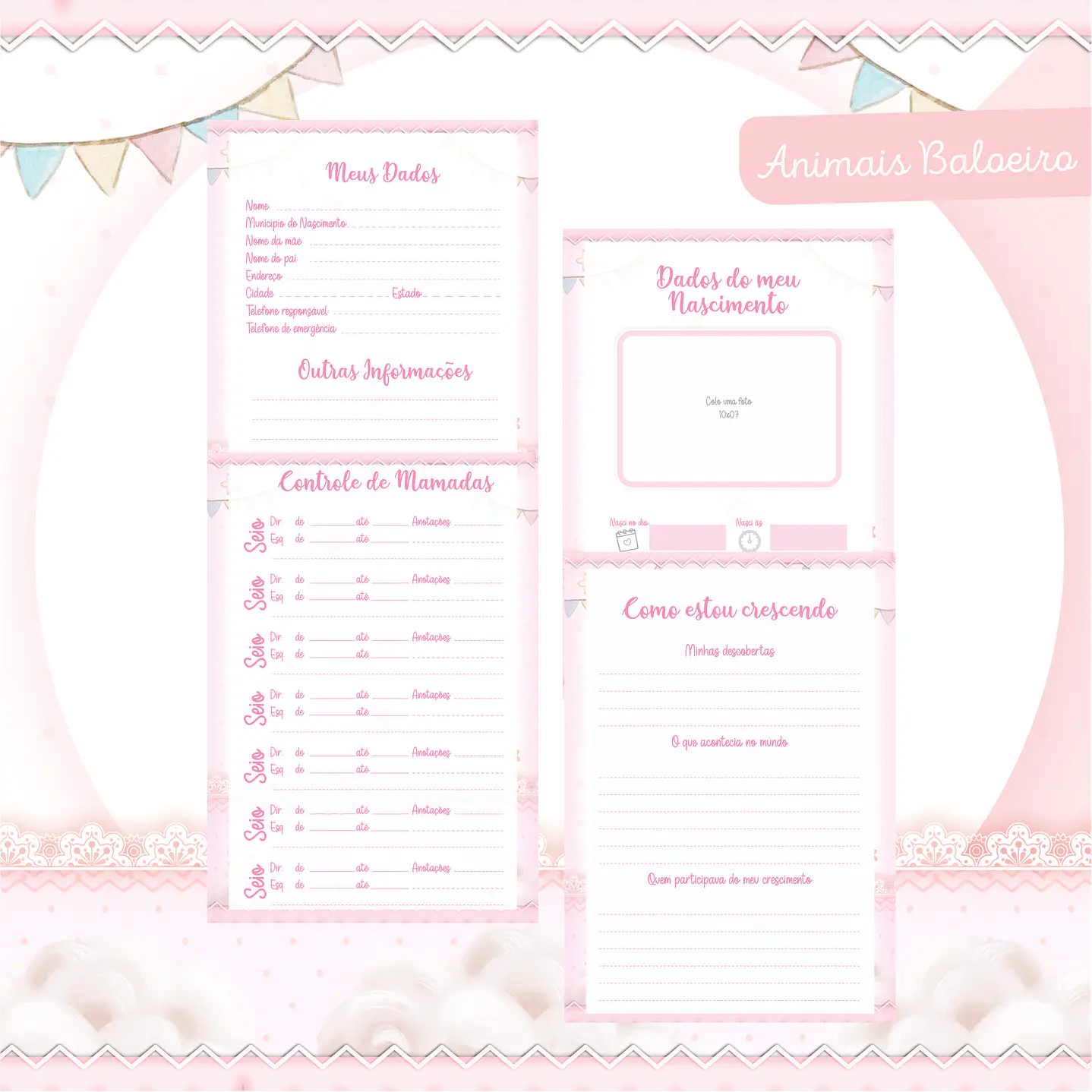 Kit Digital Encadernação Animais Baloeiro Rosa 2