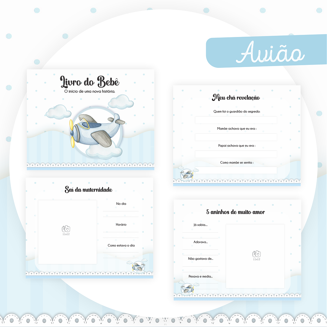 Kit Digital Encadernação Aviões Aquarela Livro do Bebê 5