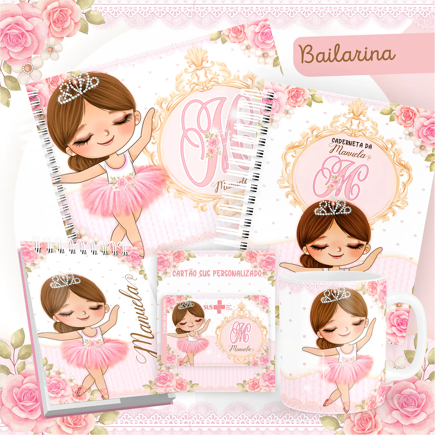 Kit Digital Encadernação Bailarina Rosa Livro do Bebê e Caderneta  1