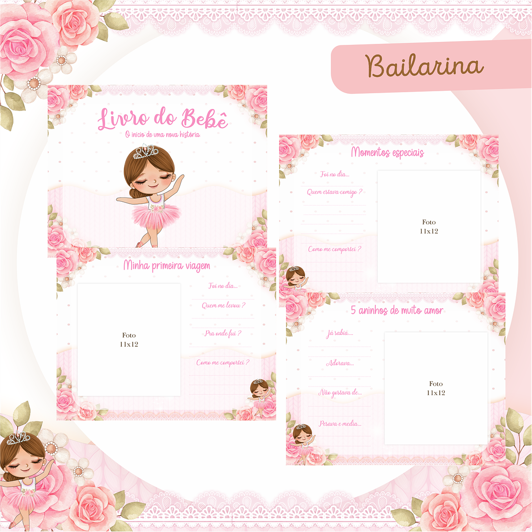 Kit Digital Encadernação Bailarina Rosa Livro do Bebê e Caderneta  5