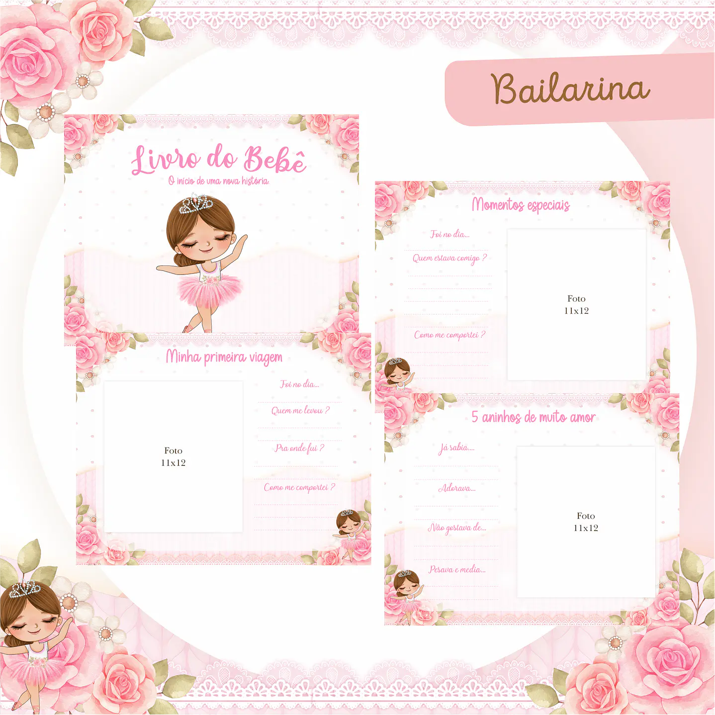 Kit Digital Encadernação Bailarina Rosa Livro do Bebê e Caderneta  5