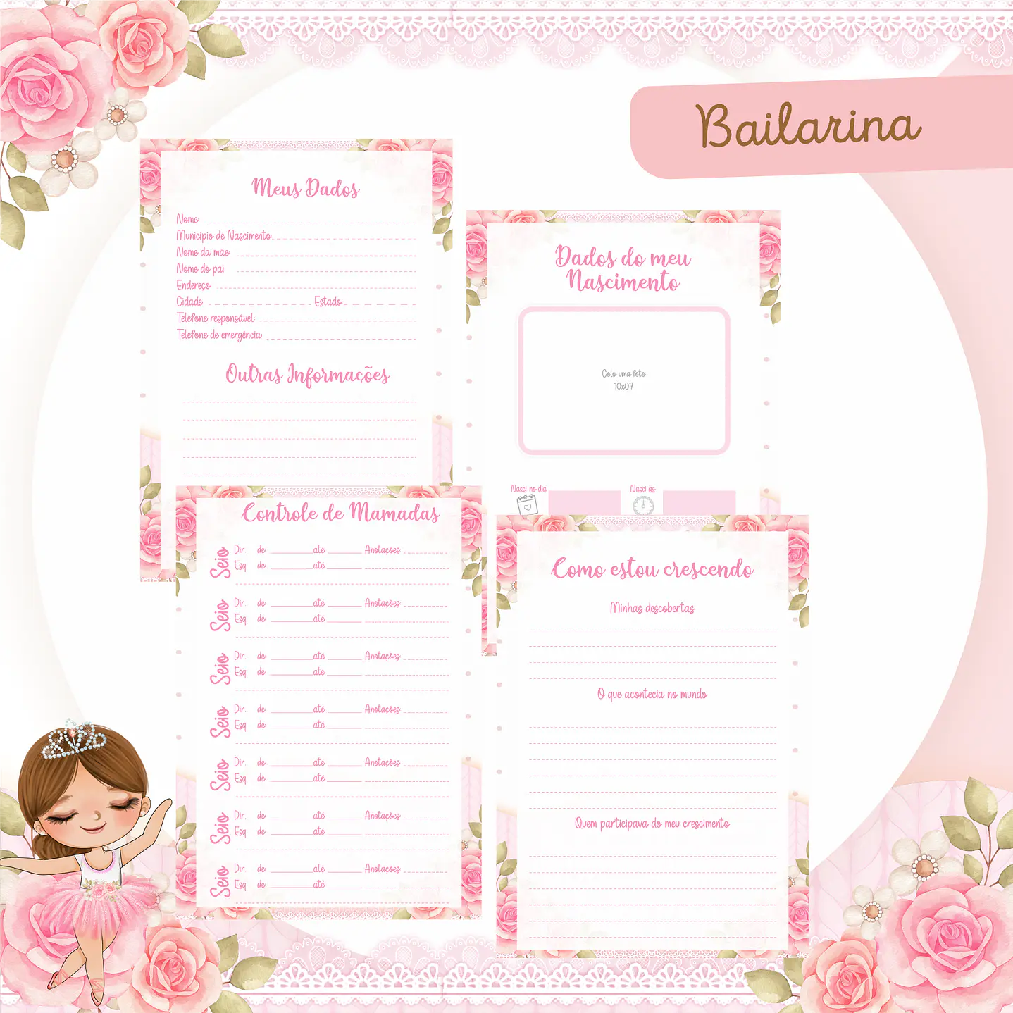 Kit Digital Encadernação Bailarina Rosa Livro do Bebê e Caderneta  9