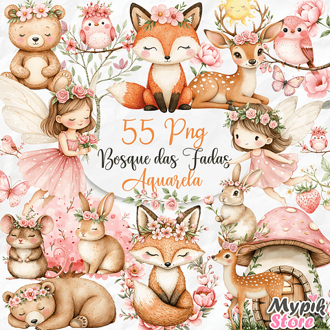 Kit Digital Bosque das Fadas Aquarela PNG