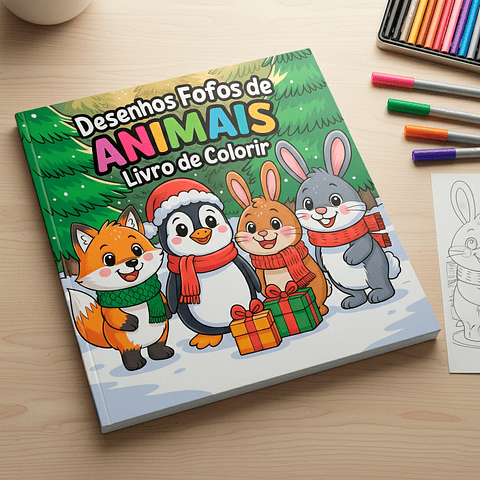 Desenhos Fofos de Animais Natal - Livro de Colorir Digital para Imprimir