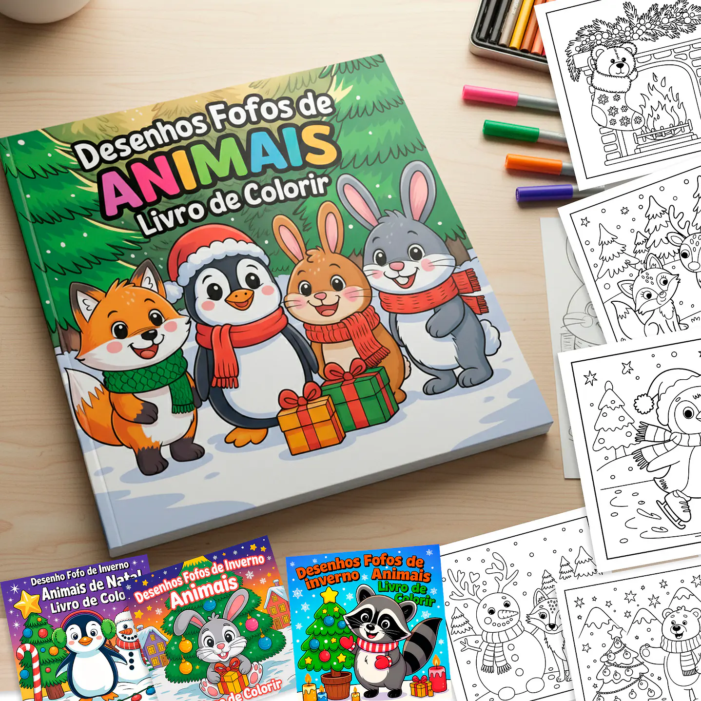 Desenhos Fofos de Animais Natal - Livro de Colorir Digital para Imprimir 1
