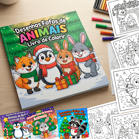 Desenhos Fofos de Animais Natal - Livro de Colorir Digital para Imprimir