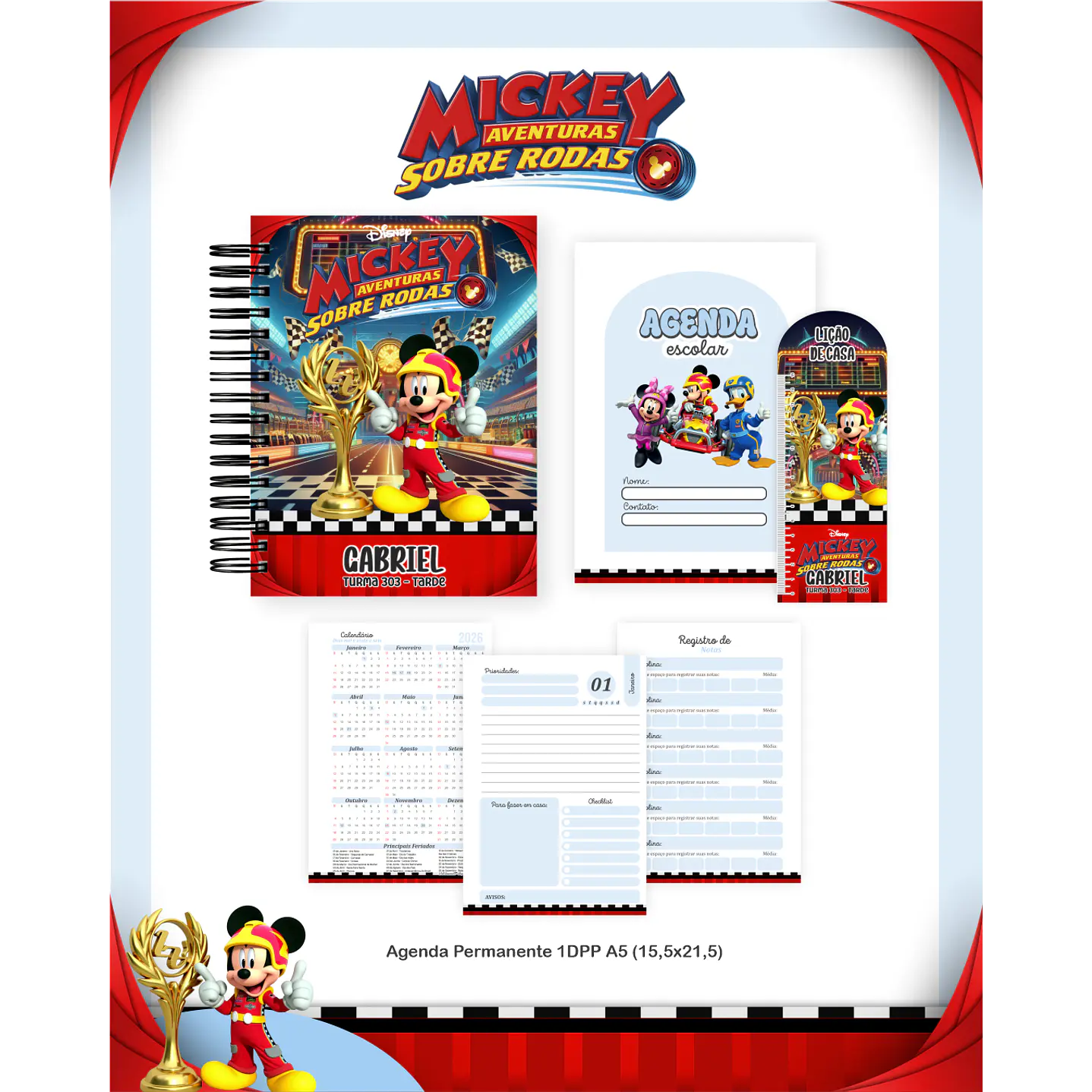 Kit Digital Encadernação Mickey Sobre Rodas - Volta às Aulas 3