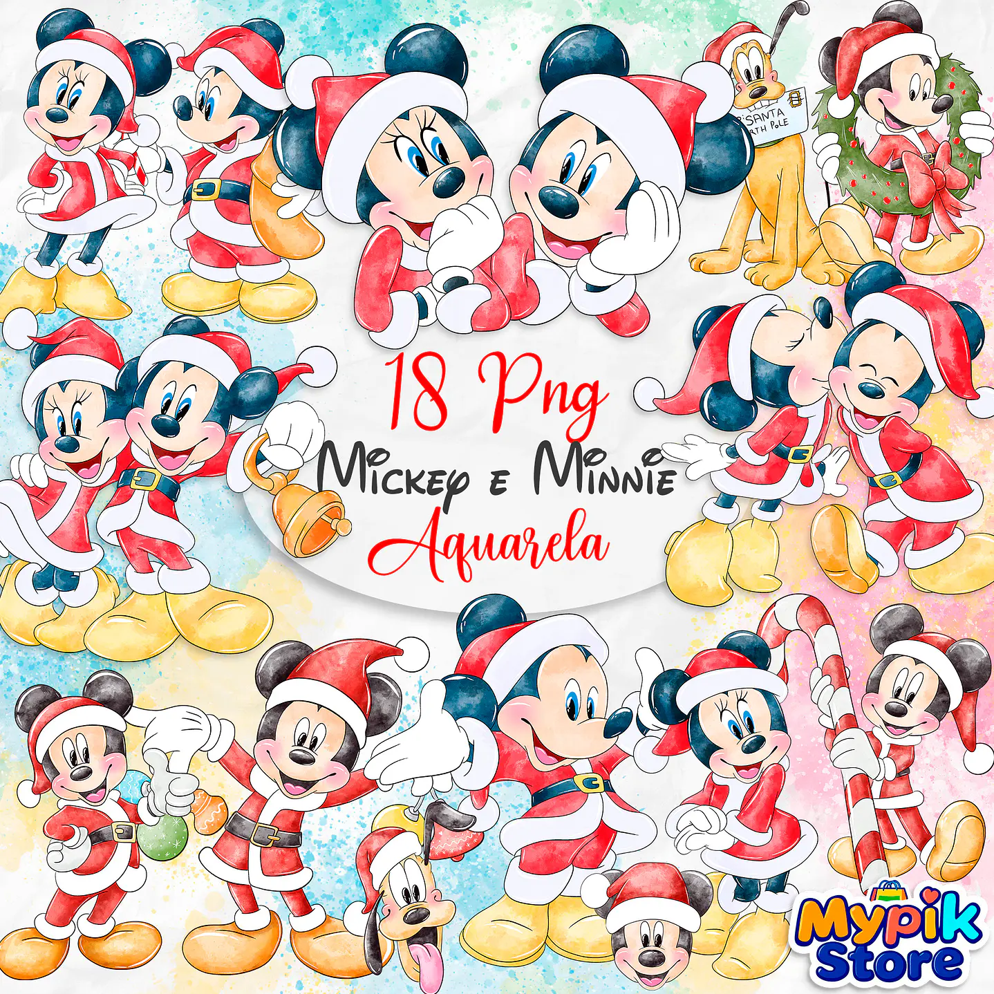 Kit Digital Mickey e Minnie Aquarela Natal - Imagens PNG 1