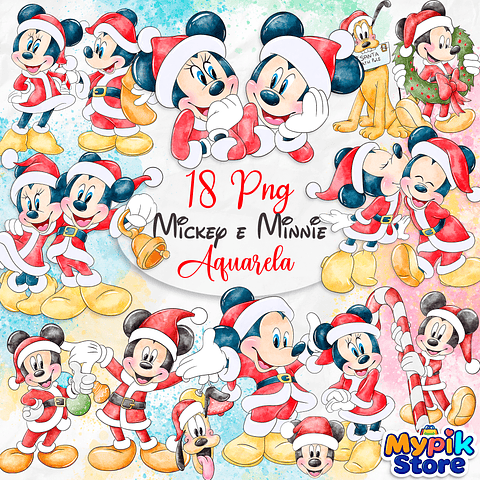 Kit Digital Mickey e Minnie Aquarela Natal - Imagens PNG