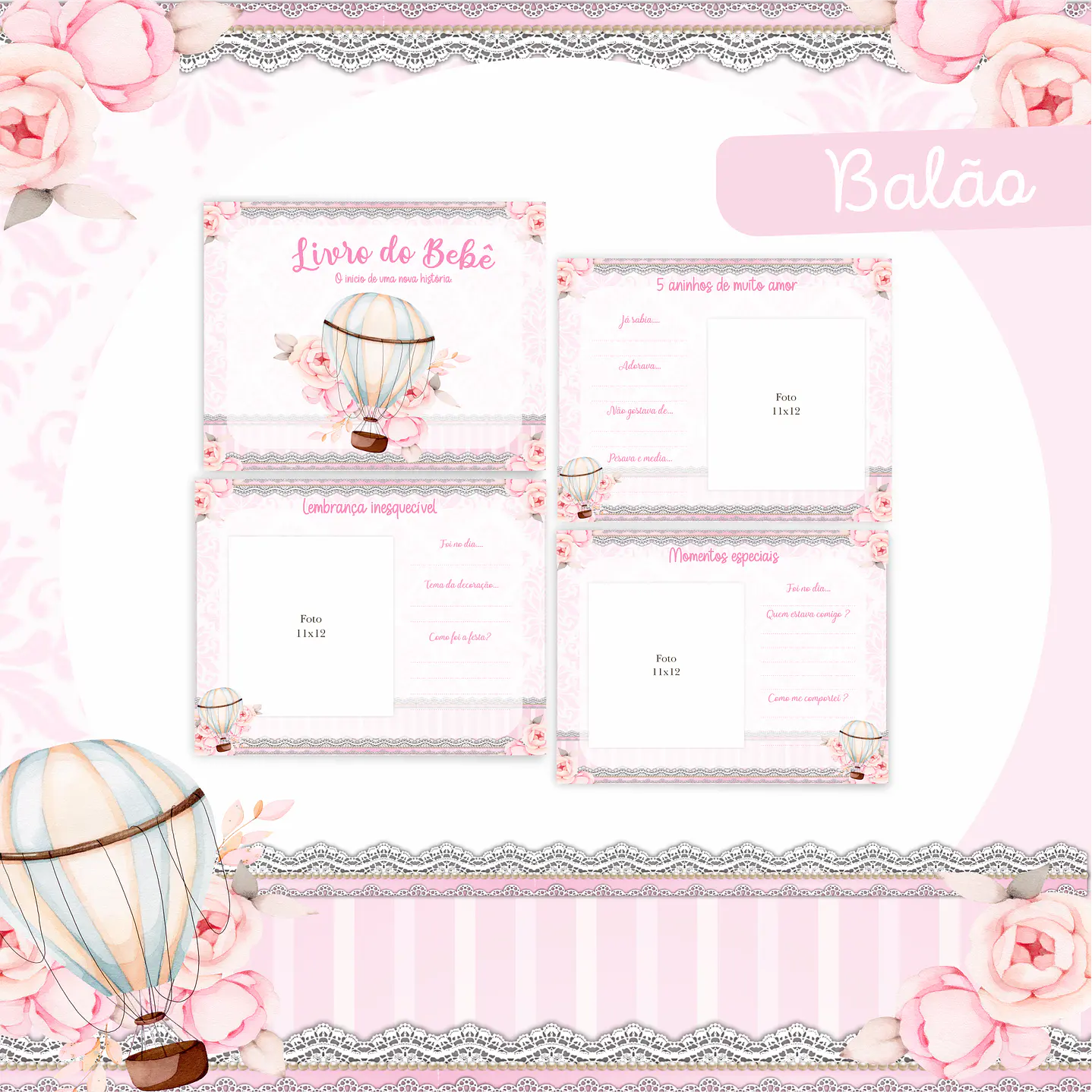 Kit Digital Encadernação Balão Rosa Livro do Bebê  4