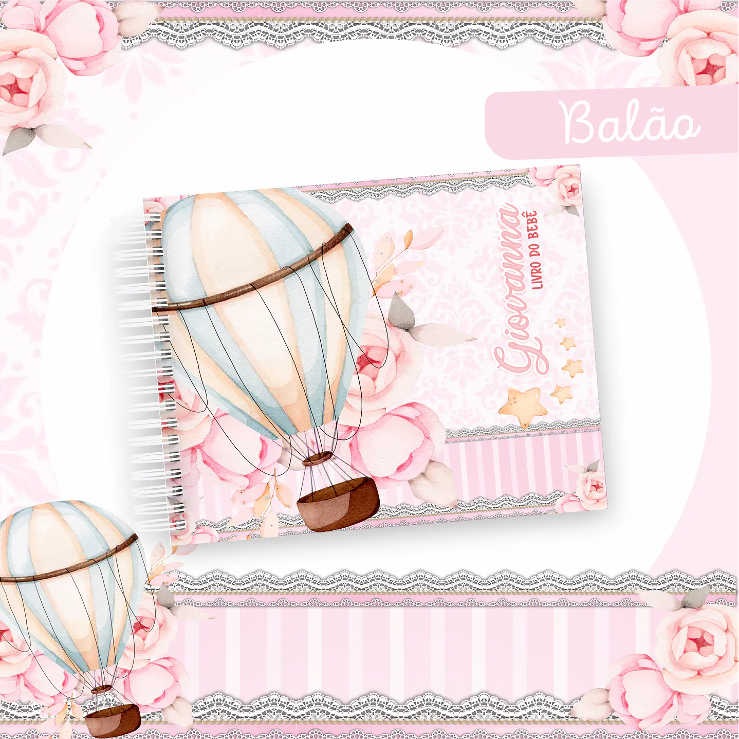 Kit Digital Encadernação Balão Rosa Livro do Bebê  5