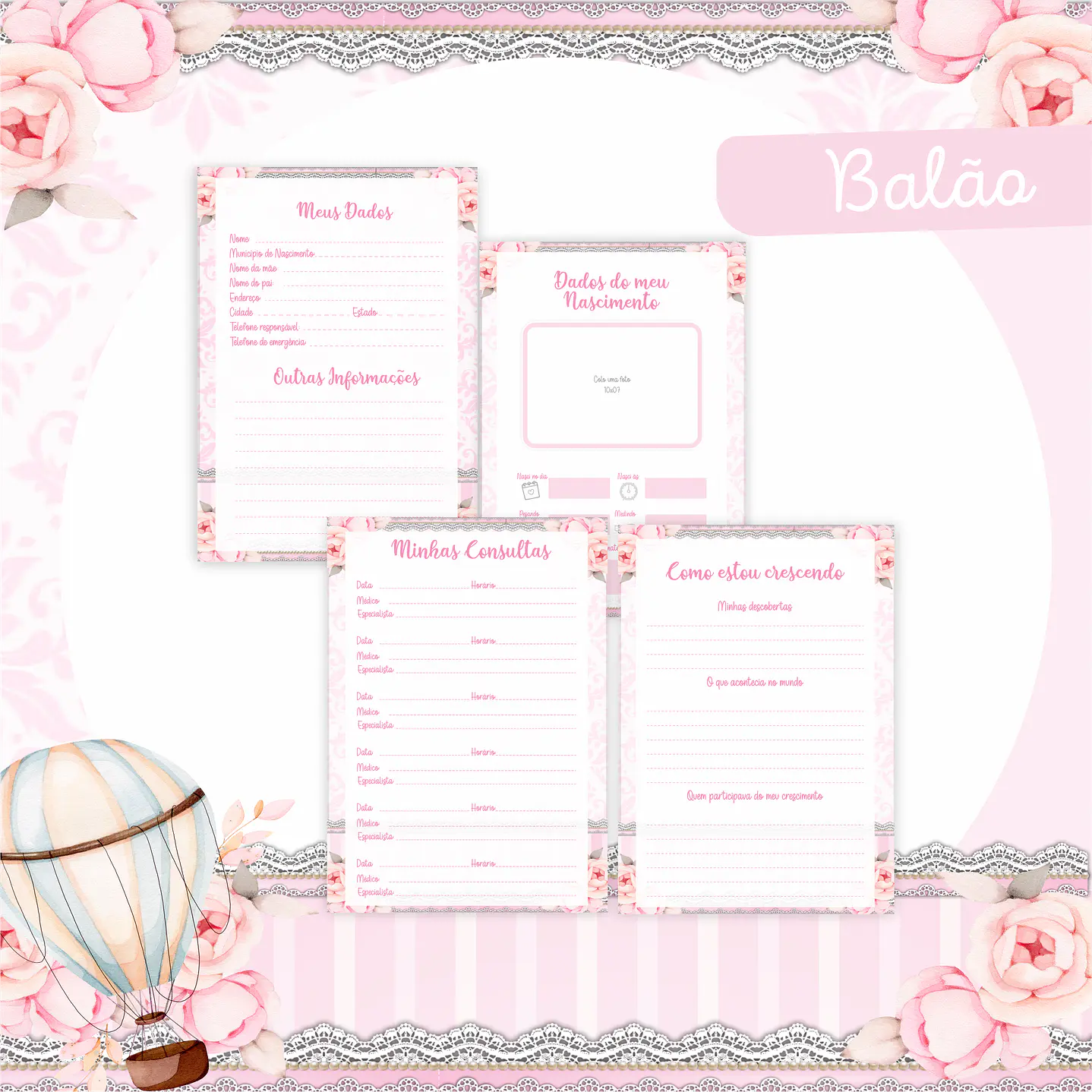 Kit Digital Encadernação Balão Rosa Livro do Bebê  6