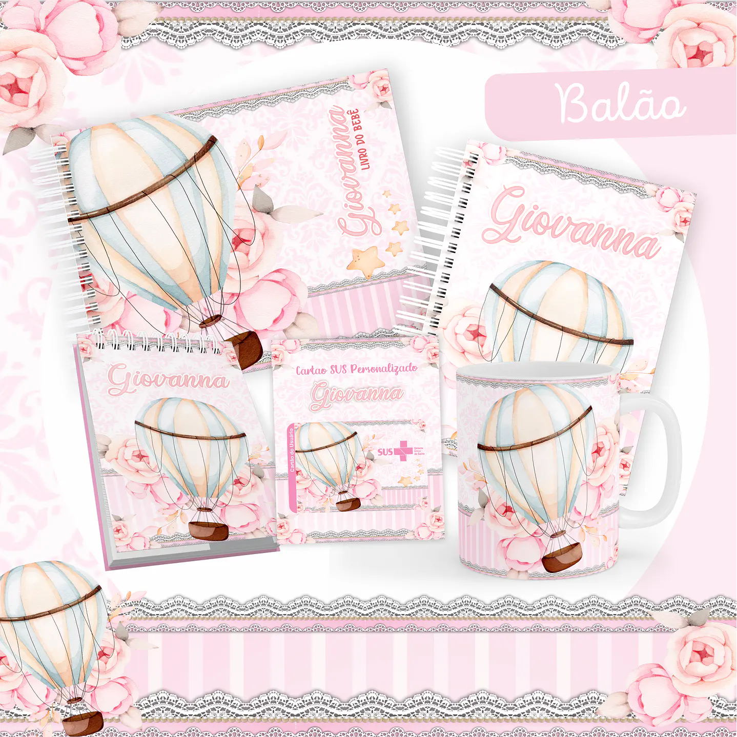 Kit Digital Encadernação Balão Rosa Livro do Bebê  1