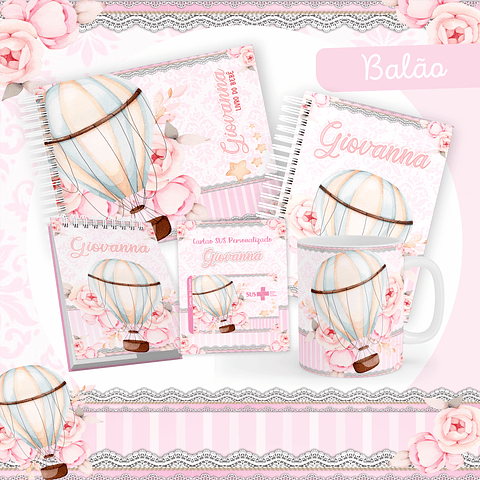 Kit Digital Encadernação Balão Rosa Livro do Bebê 
