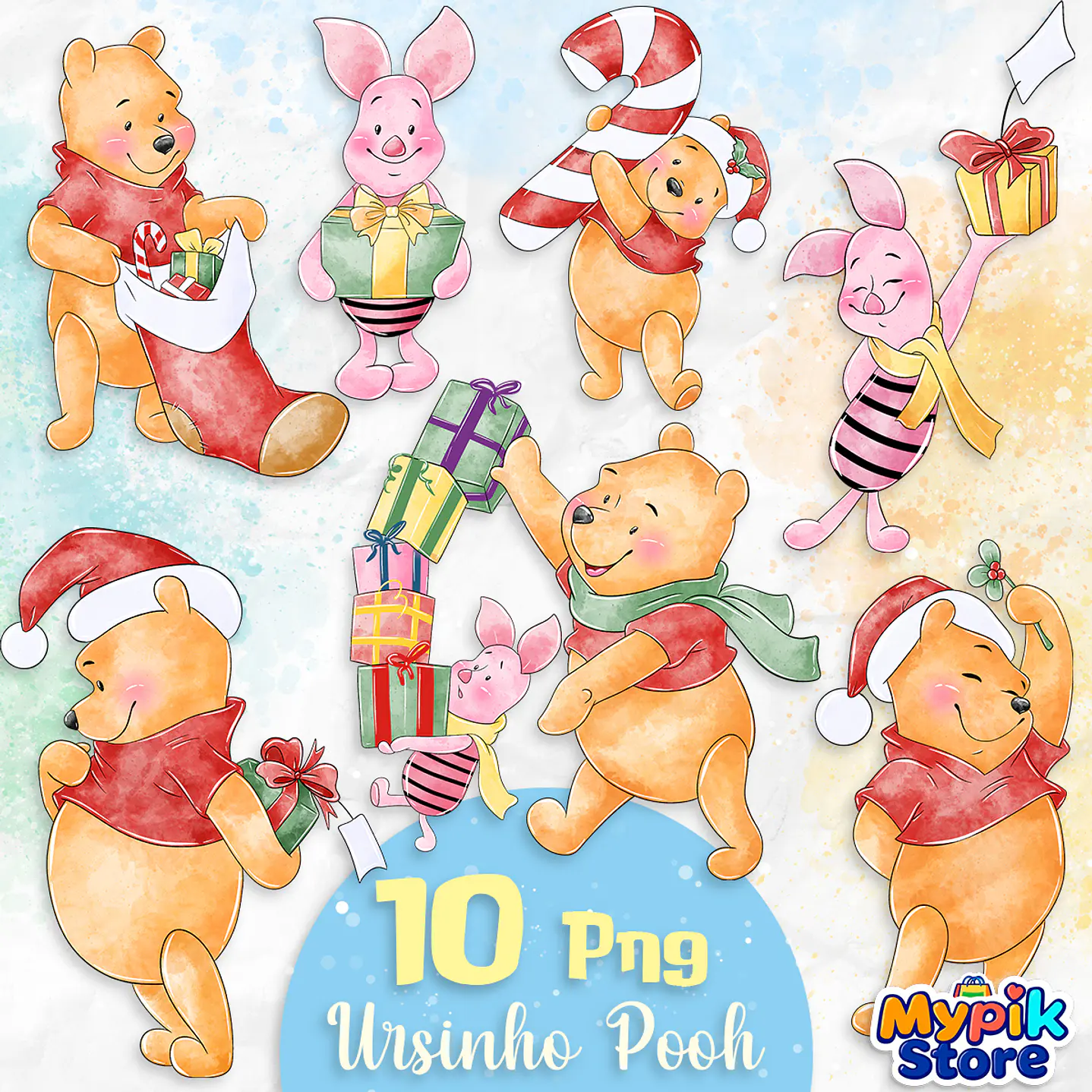 Kit Digital Ursinho Pooh Natal Aquarela PNG 1