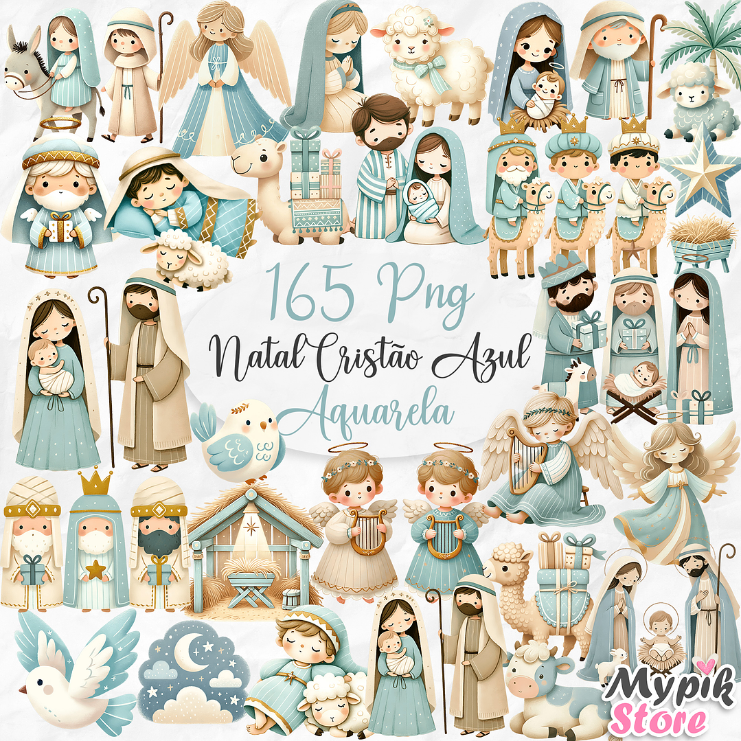 Kit Digital Natal Cristão em Aquarela Azul 1