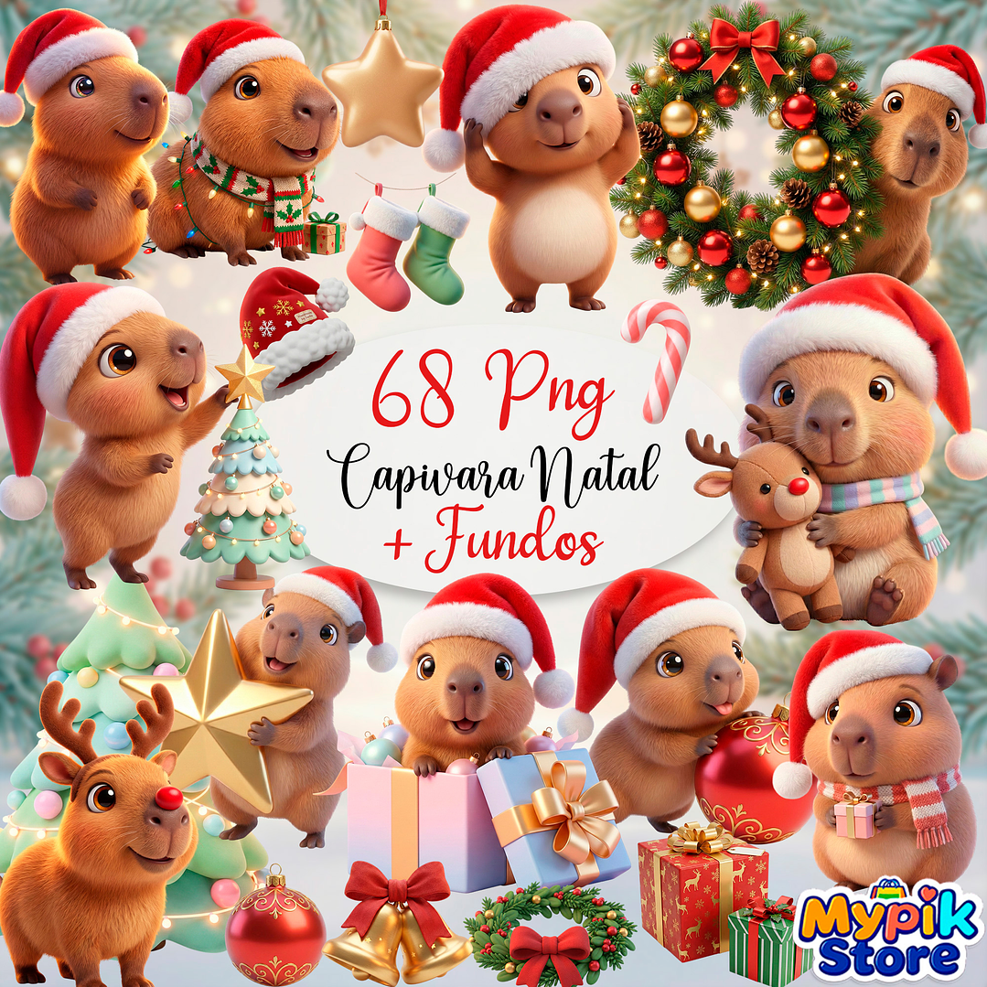 Kit Digital Capivara Natal 3D PNG e Fundos Exclusivos 1