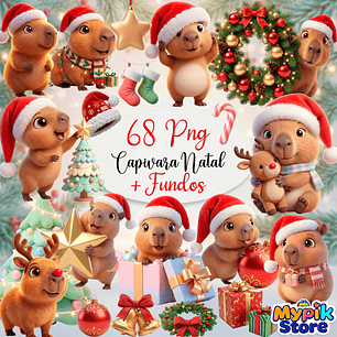 Kit Digital Capivara Natal 3D PNG e Fundos Exclusivos